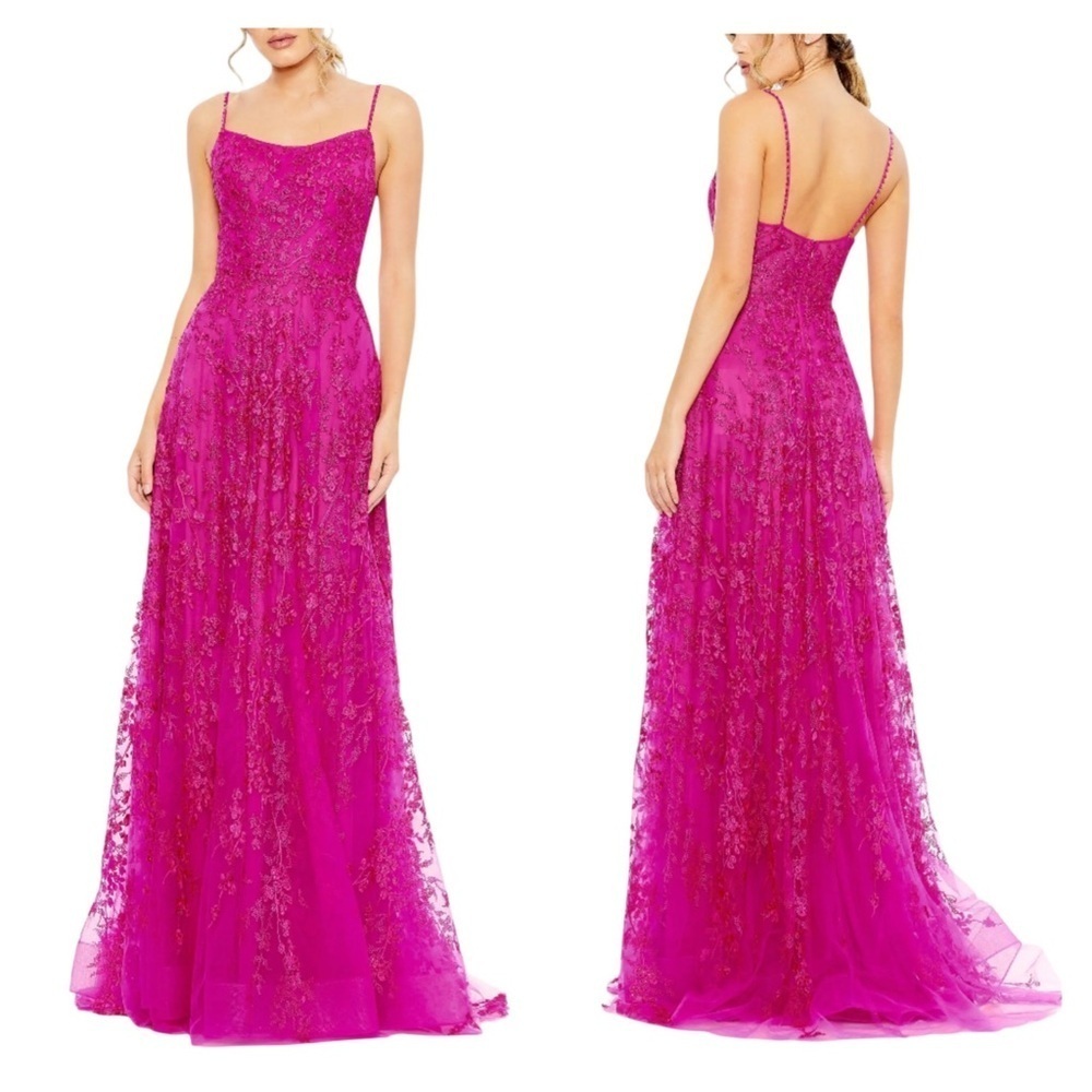 Mac Duggal New 50683 Hot Pink Floral Appliqué Cami A Line Gown Size 4